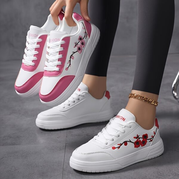Women'S Floral Embroidered White Sneakers - Low-Top Lace-Up Casual Shoes with Pink Accents, Breathable Fabric Lining & Cushioned PHYLON Sole for All-Season Comfort, Running, Travel, Casual Attire, Ladies Sneakers, Travel Footwear, Elegant Footwear, Durable Footwear