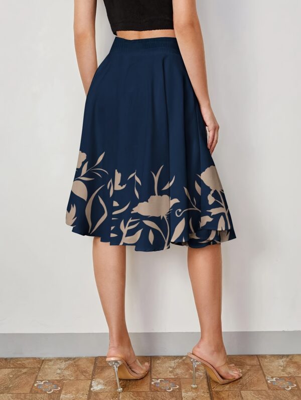 Women's Elegant Floral Print A-Line Skirt - Dark Blue with Beige & White Flowers, High Waist, Machine Washable, Spring/Summer/Fall Fashion, Comfortable Waistband | Flowing Skirt Style | Comfortable Fit Skirt - Image 2