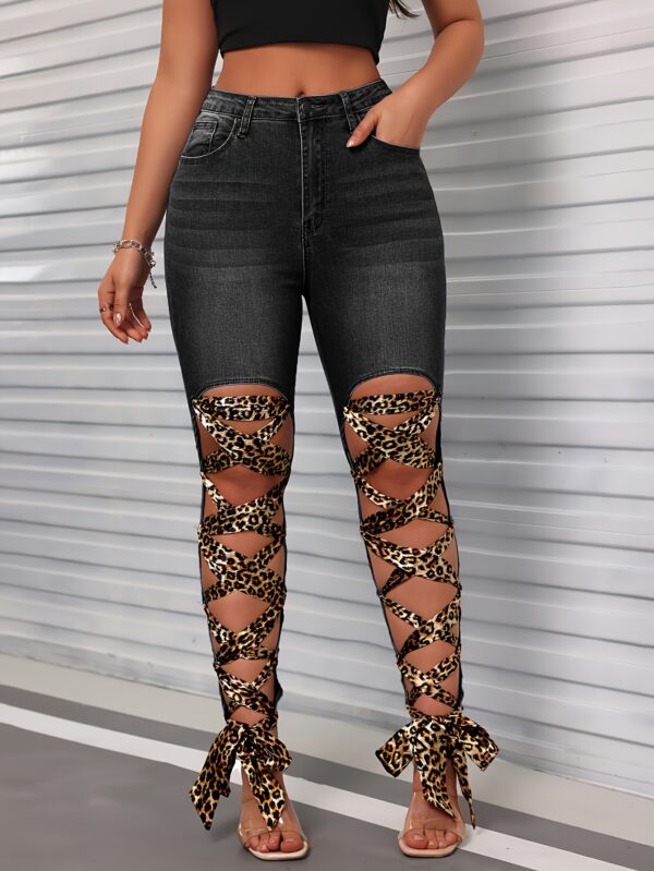 Leopard Print Lace-Up Skinny Jeans - High Waist, Stretch Denim with Cut-Out Detail, Machine Washable, Kiki Angel - Image 4