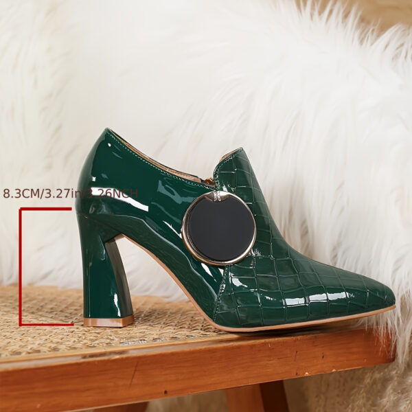 Women's Emerald Green Crocodile-Embossed Synthetic Cover Pointed-Toe Stiletto Heel Pumps with Metallic Button Detail - Chunky Block Heel, Comfortable Block Heels for Parties, Weddings & Formal Events, Evening Wear, Stylish Footwear, Highquality Finish, Fashion Shoes, Party Goers - Image 5