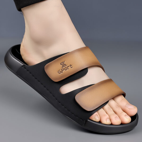 Men's Slip-On Beach Slippers with Thick Cushioned Sole - Upper & Rubber Outsole, Adjustable Hook-and-Loop Straps, Brown/Black Colorway for Indoor Outdoor Summer Casual Wear, Simple Slipon Design | Durable Traction Footwear, Beach Shoes - Image 2