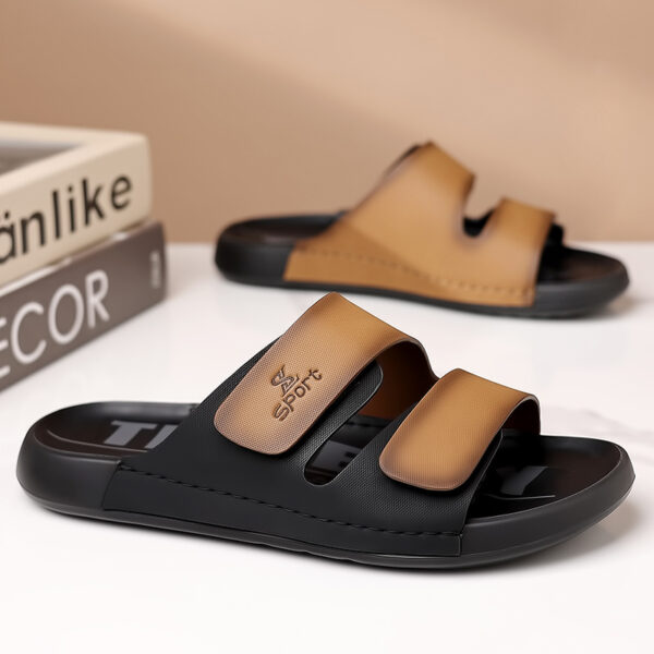 Men's Slip-On Beach Slippers with Thick Cushioned Sole - Upper & Rubber Outsole, Adjustable Hook-and-Loop Straps, Brown/Black Colorway for Indoor Outdoor Summer Casual Wear, Simple Slipon Design | Durable Traction Footwear, Beach Shoes - Image 9