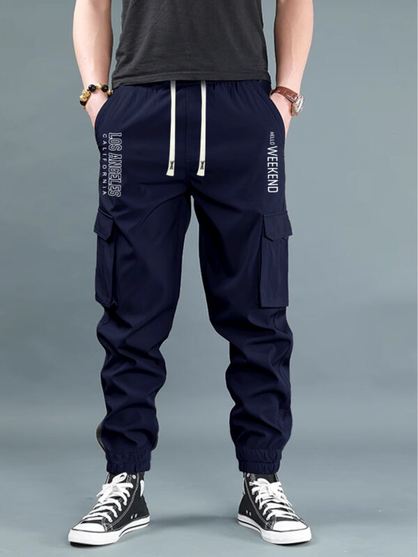 Men'S Casual Cargo Pants with "WEEKEND" Print - Loose Fit, Multiple Flap Pockets, Drawstring Waist, Geometric Pattern, All-Season Comfort, Casual Attire|Geometric Print Pants|Adjustable Waistband - Image 4