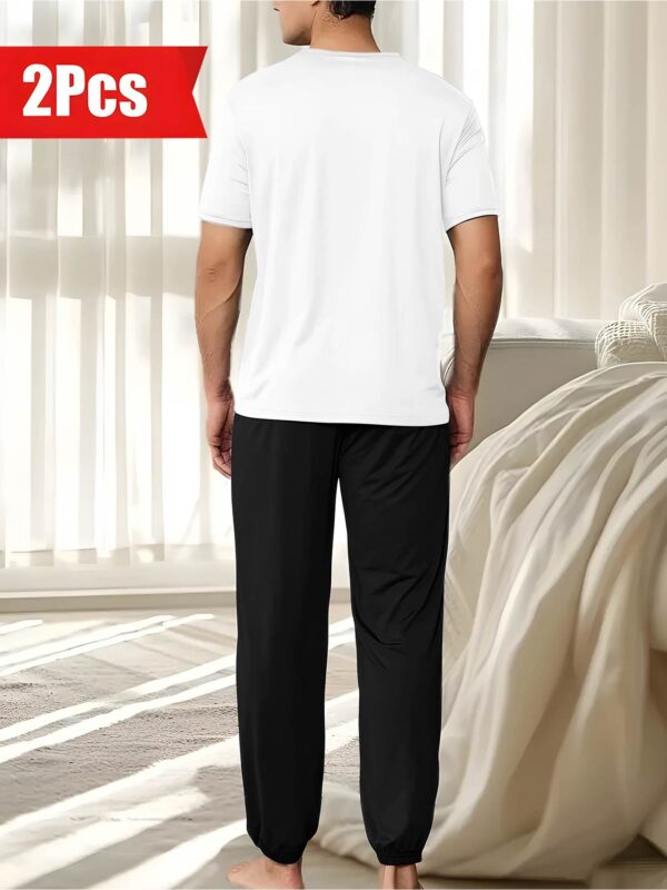 Polyester 100% Casual Men'S Home Sleepwear Pajama Sets, Short Sleeve Crew Neck, Fashion Long Sleep Pants, Relaxed Fit, Slight Stretch, Knit Fabric, with Pocket, for Spring, Summer, Fall - Image 9