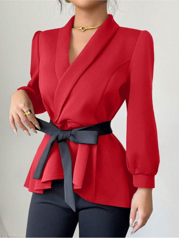 2pcs Women's Long Sleeve V-Neck Color Block Bow Wrap Jacket + Solid Slim Fit Flare Pants Set - Image 9