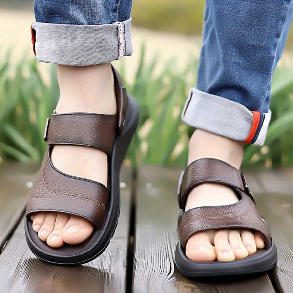 Men's Breathable Top-Grain Leather Casual Sandals with Non-Slip PU Outsole & Comfortable PU Lining - Slip-On Design for Daily Wear & Outdoor Sports - Image 6