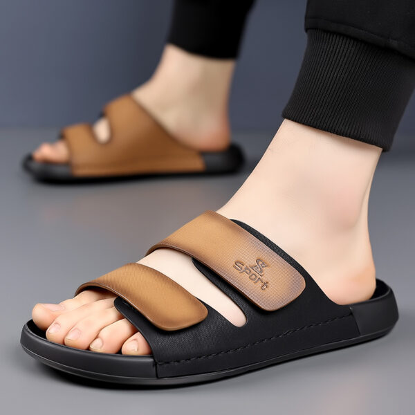 Men's Slip-On Beach Slippers with Thick Cushioned Sole - Upper & Rubber Outsole, Adjustable Hook-and-Loop Straps, Brown/Black Colorway for Indoor Outdoor Summer Casual Wear, Simple Slipon Design | Durable Traction Footwear, Beach Shoes