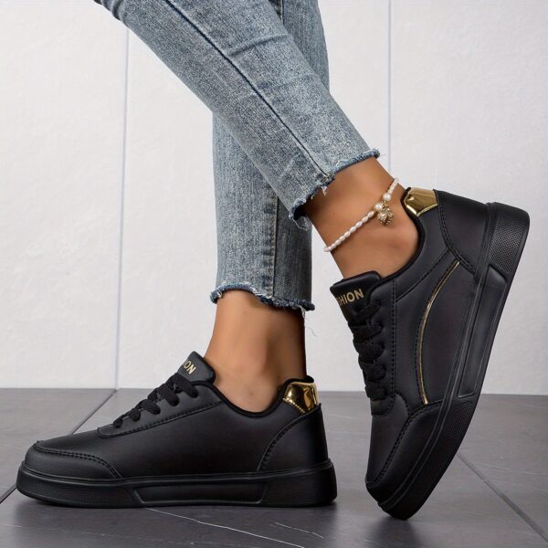 Stylish Women's Black Sneakers with Golden Accents - Lightweight Casual Sneakers, PU Upper & EVA Sole, Comfortable Fabric Lining, Perfect Christmas Gift for Casual Attire - Image 5