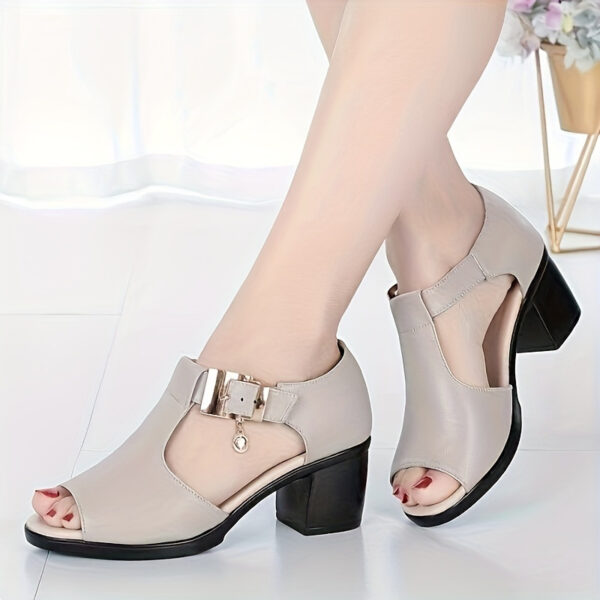 Elegant Women's Open-Toe Chunky Heel Sandals - Black Synthetic Cover with Golden Buckle Strap, Mid-Heel Comfort, Breathable Cut-Out Design & Cushioned Insole for Summer Casual & Formal Occasions, Comfortable Midheels | Durable Rubber Sole - Image 5