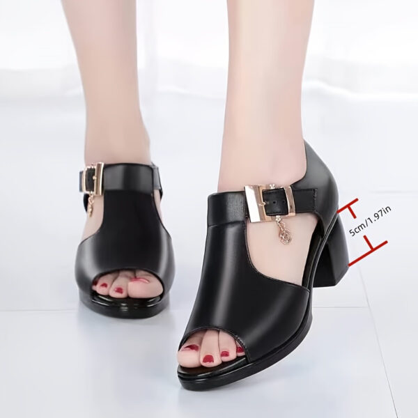 Elegant Women's Open-Toe Chunky Heel Sandals - Black Synthetic Cover with Golden Buckle Strap, Mid-Heel Comfort, Breathable Cut-Out Design & Cushioned Insole for Summer Casual & Formal Occasions, Comfortable Midheels | Durable Rubber Sole - Image 7