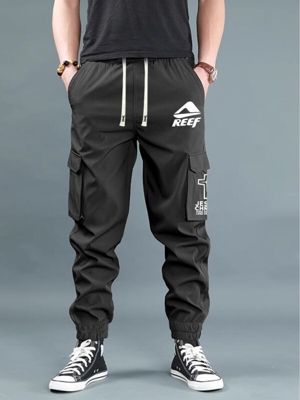Men'S Casual Cargo Pants with "REEF" Logo - Black, Multiple Flap Pockets, Drawstring Waist, All-Season Comfort, Sporty Street Style, Casual Wear | Trendy Casualwear | Adjustable Waist Pants - Image 4