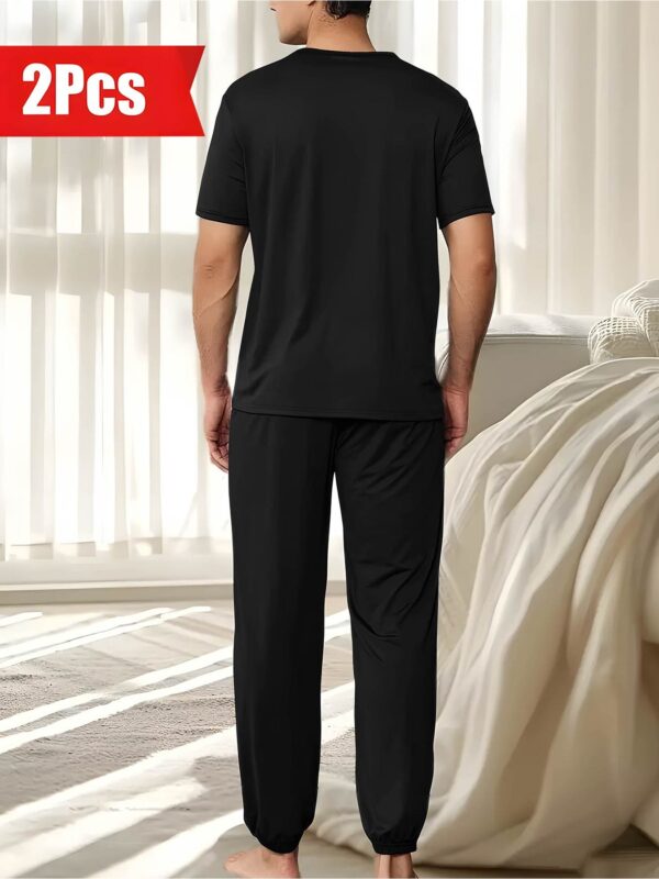 Polyester 100% Casual Men'S Home Sleepwear Pajama Sets, Short Sleeve Crew Neck, Fashion Long Sleep Pants, Relaxed Fit, Slight Stretch, Knit Fabric, with Pocket, for Spring, Summer, Fall - Image 6