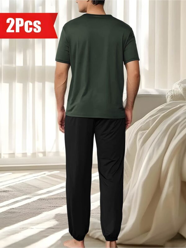 Polyester 100% Casual Men'S Home Sleepwear Pajama Sets, Short Sleeve Crew Neck, Fashion Long Sleep Pants, Relaxed Fit, Slight Stretch, Knit Fabric, with Pocket, for Spring, Summer, Fall - Image 7