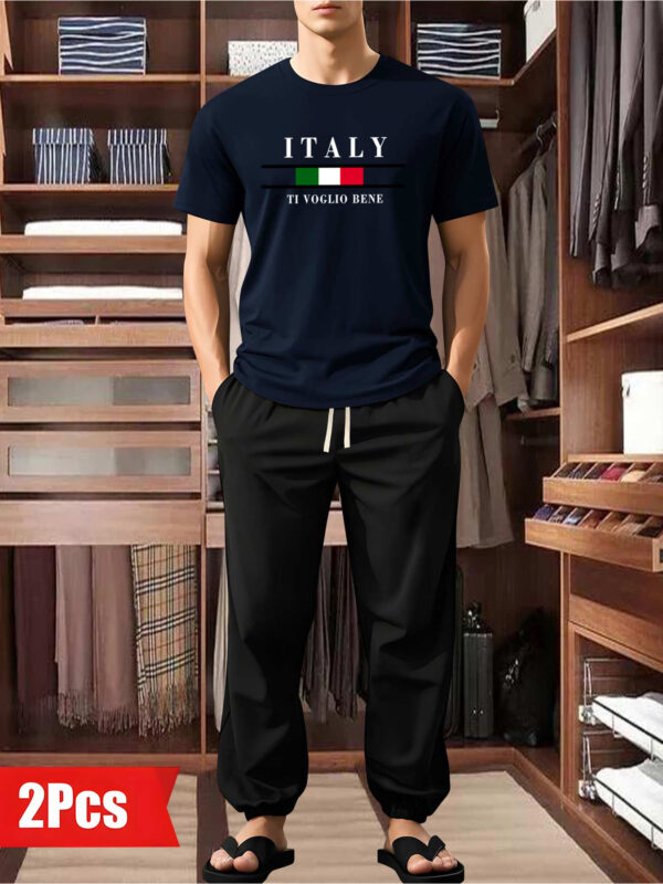 Polyester 100% Casual Men'S Home Sleepwear Pajama Sets, Short Sleeve Crew Neck, Fashion Long Sleep Pants, Relaxed Fit, Slight Stretch, Knit Fabric, with Pocket, for Spring, Summer, Fall - Image 5