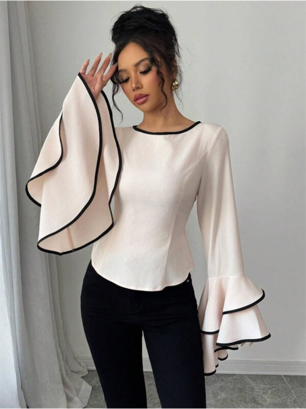 Women's Elegant Round Neck Blouse with Bell Sleeves & Color-Blocked Trim - Lightweight Spring/Summer Top, Machine Washable, Bodycon Fit, YY0302157, Casual Wear, Feminine Style, Durable Top, Trendy Shirt, Fashion Lovers - Image 5