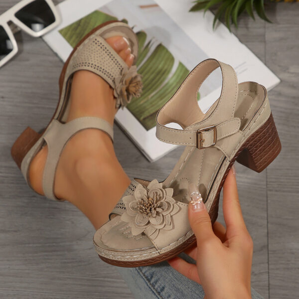 Women's Thick Heel Sandals, Open Toe with Buckle and Thick Sole, Solid Color Artificial Covered Upper, Women's Floral Sandals - Image 7