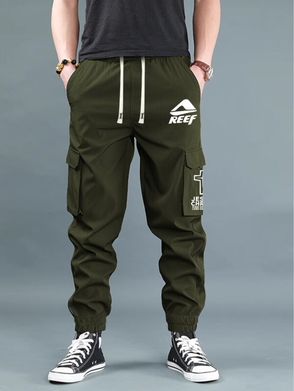 Men'S Casual Cargo Pants with "REEF" Logo - Black, Multiple Flap Pockets, Drawstring Waist, All-Season Comfort, Sporty Street Style, Casual Wear | Trendy Casualwear | Adjustable Waist Pants