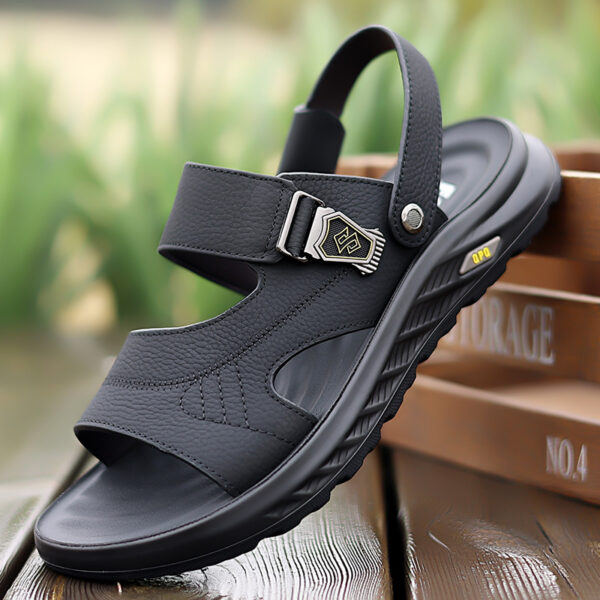 Men's Breathable Top-Grain Leather Casual Sandals with Non-Slip PU Outsole & Comfortable PU Lining - Slip-On Design for Daily Wear & Outdoor Sports - Image 2