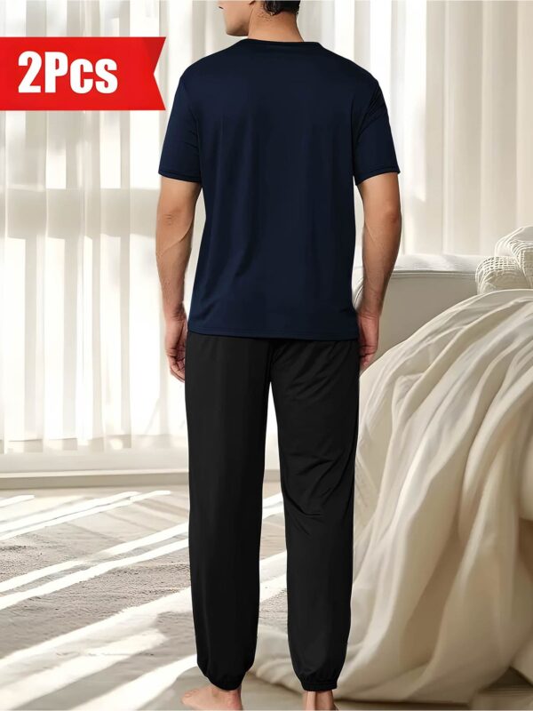 Polyester 100% Casual Men'S Home Sleepwear Pajama Sets, Short Sleeve Crew Neck, Fashion Long Sleep Pants, Relaxed Fit, Slight Stretch, Knit Fabric, with Pocket, for Spring, Summer, Fall - Image 10