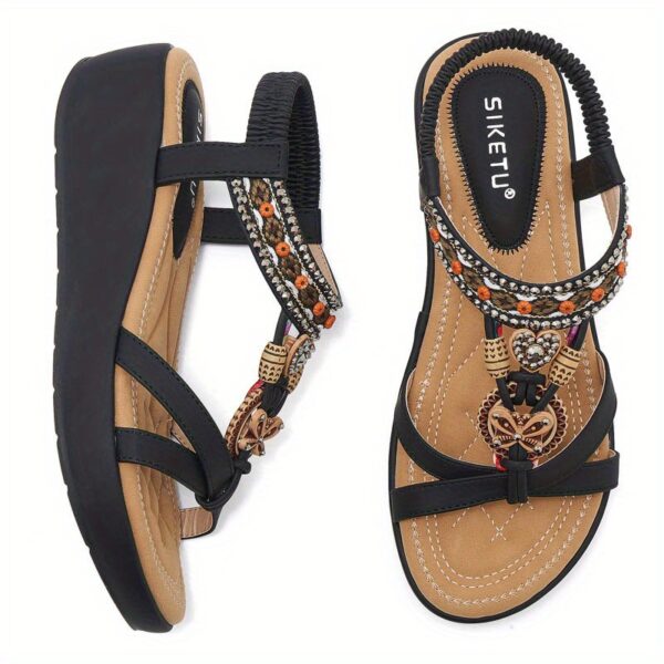 2025 Rhinestone Embellished Women's Beach Sandals - Wide Width Slip-On Open-Toe Mid Wedge Heel with Adjustable Ankle Straps, Casual Summer Shoes for Women, Synthetic Cover & Rubber Sole, Chunky Heel Sandals, Comfortable Footwear, Durable Sole Construction - Image 12