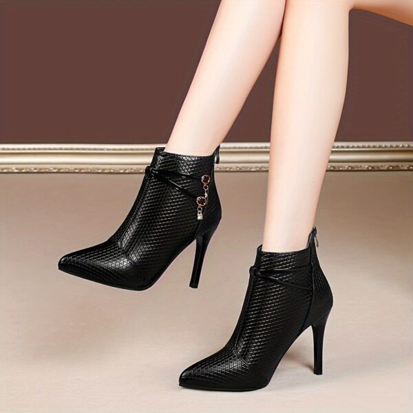 Women's Pointed Toe Stiletto Heel Ankle Boots - Stylish Plaid Design with Crystal Accents, Flannel-Lined Comfort & Durable Rubber Sole - All-Season Versatile for Casual & Formal Wear, High Heel Boots, Formal Footwear, Crystal Embellished Footwear - Image 3