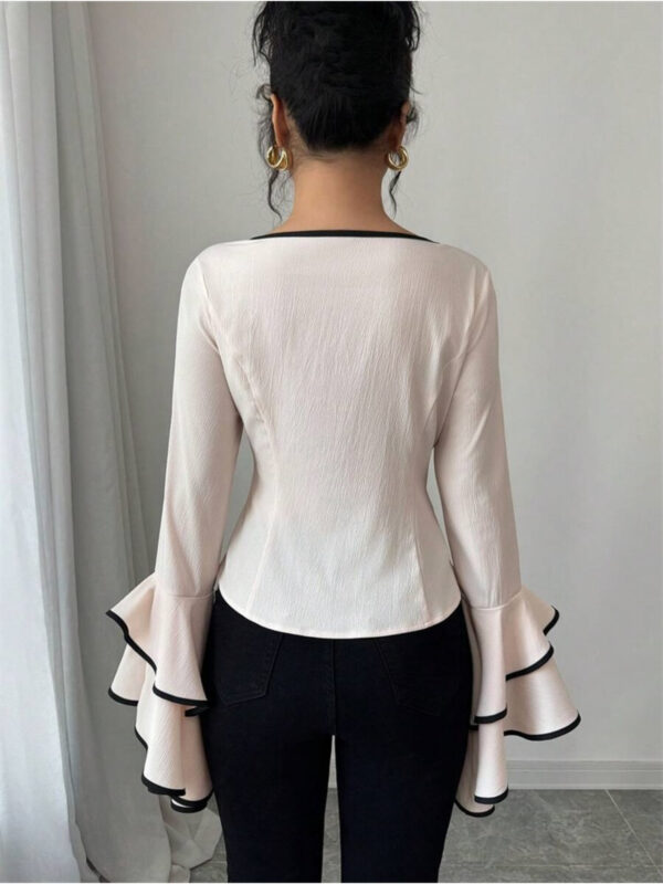 Women's Elegant Round Neck Blouse with Bell Sleeves & Color-Blocked Trim - Lightweight Spring/Summer Top, Machine Washable, Bodycon Fit, YY0302157, Casual Wear, Feminine Style, Durable Top, Trendy Shirt, Fashion Lovers - Image 2