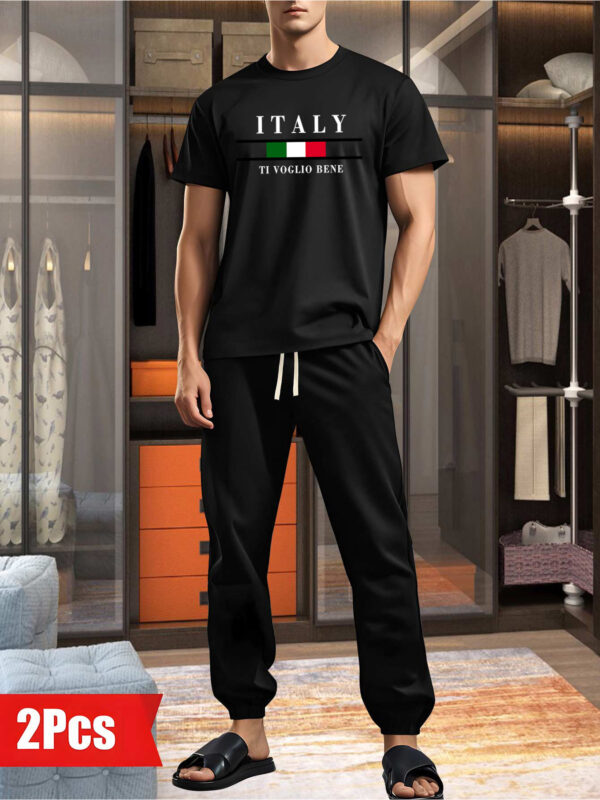 Polyester 100% Casual Men'S Home Sleepwear Pajama Sets, Short Sleeve Crew Neck, Fashion Long Sleep Pants, Relaxed Fit, Slight Stretch, Knit Fabric, with Pocket, for Spring, Summer, Fall