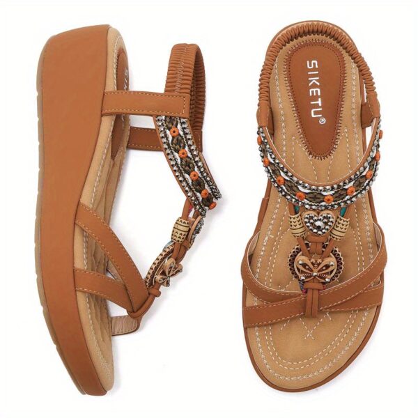 2025 Rhinestone Embellished Women's Beach Sandals - Wide Width Slip-On Open-Toe Mid Wedge Heel with Adjustable Ankle Straps, Casual Summer Shoes for Women, Synthetic Cover & Rubber Sole, Chunky Heel Sandals, Comfortable Footwear, Durable Sole Construction - Image 14