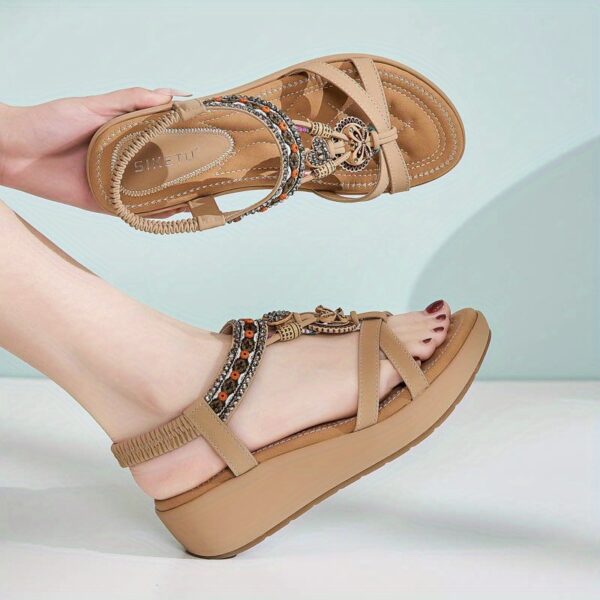 2025 Rhinestone Embellished Women's Beach Sandals - Wide Width Slip-On Open-Toe Mid Wedge Heel with Adjustable Ankle Straps, Casual Summer Shoes for Women, Synthetic Cover & Rubber Sole, Chunky Heel Sandals, Comfortable Footwear, Durable Sole Construction