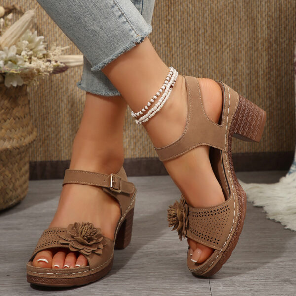 Women's Thick Heel Sandals, Open Toe with Buckle and Thick Sole, Solid Color Artificial Covered Upper, Women's Floral Sandals - Image 28