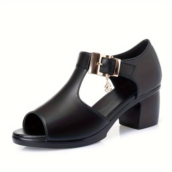 Elegant Women's Open-Toe Chunky Heel Sandals - Black Synthetic Cover with Golden Buckle Strap, Mid-Heel Comfort, Breathable Cut-Out Design & Cushioned Insole for Summer Casual & Formal Occasions, Comfortable Midheels | Durable Rubber Sole - Image 10
