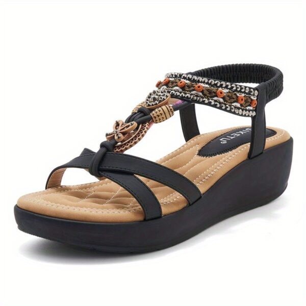 2025 Rhinestone Embellished Women's Beach Sandals - Wide Width Slip-On Open-Toe Mid Wedge Heel with Adjustable Ankle Straps, Casual Summer Shoes for Women, Synthetic Cover & Rubber Sole, Chunky Heel Sandals, Comfortable Footwear, Durable Sole Construction - Image 4