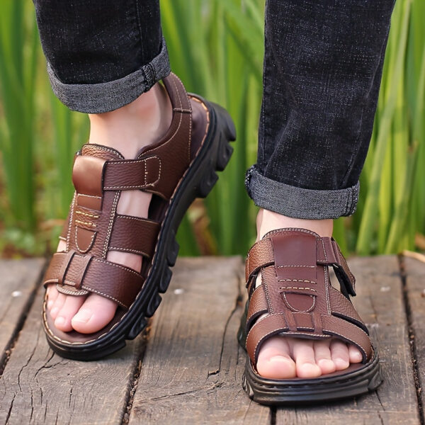Men's Genuine Leather Fisherman Sandals, Classic Closed-Toe Design with Premium Cowhide Upper and Hand-Stitching, Adjustable Strap for a Comfort Fit, Durable Outdoor Summer Shoes for Walking. - Image 4