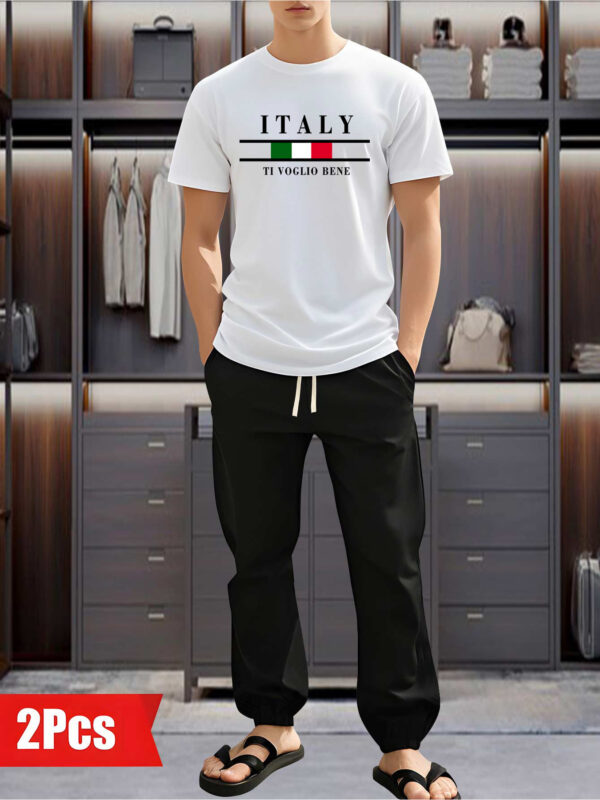 Polyester 100% Casual Men'S Home Sleepwear Pajama Sets, Short Sleeve Crew Neck, Fashion Long Sleep Pants, Relaxed Fit, Slight Stretch, Knit Fabric, with Pocket, for Spring, Summer, Fall - Image 4