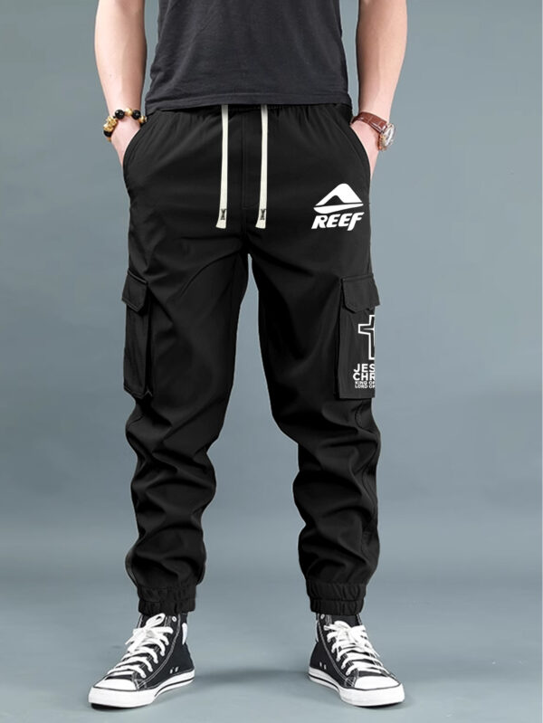 Men'S Casual Cargo Pants with "REEF" Logo - Black, Multiple Flap Pockets, Drawstring Waist, All-Season Comfort, Sporty Street Style, Casual Wear | Trendy Casualwear | Adjustable Waist Pants - Image 3
