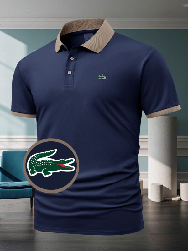 Men'S Casual Athletic Short Sleeve Polo Shirt with Crocodile Print - Red with Beige Collar, Button-Up, Summer Sportswear for Golf, Tennis, Gym, Running Training, Athletic Wear | Casual Style | Stretchy Fabric - Image 3