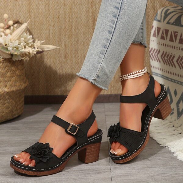 Women's Thick Heel Sandals, Open Toe with Buckle and Thick Sole, Solid Color Artificial Covered Upper, Women's Floral Sandals - Image 39