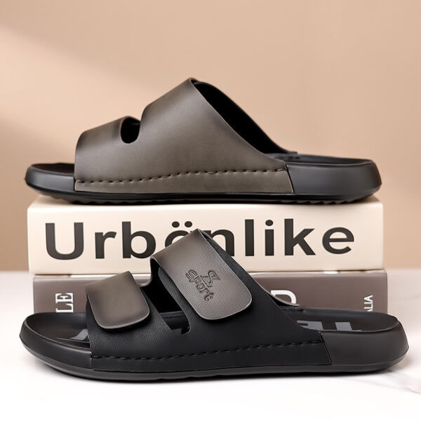 Men's Slip-On Beach Slippers with Thick Cushioned Sole - Upper & Rubber Outsole, Adjustable Hook-and-Loop Straps, Brown/Black Colorway for Indoor Outdoor Summer Casual Wear, Simple Slipon Design | Durable Traction Footwear, Beach Shoes - Image 6