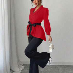 2pcs Women's Long Sleeve V-Neck Color Block Bow Wrap Jacket + Solid Slim Fit Flare Pants Set