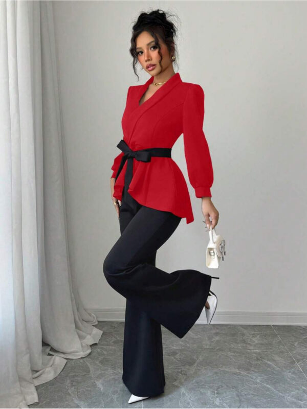 2pcs Women's Long Sleeve V-Neck Color Block Bow Wrap Jacket + Solid Slim Fit Flare Pants Set