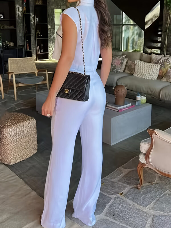 Elegant Women'S Sleeveless White Pantsuit with Contrast Details - Polyester, Spring/Summer Fashion, Half Placket Top, Wide Leg Pants, Stylish Office Attire, Office Attire | Modern Casualwear | Polyester Fabric - Image 2