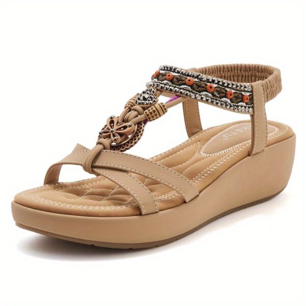 2025 Rhinestone Embellished Women's Beach Sandals - Wide Width Slip-On Open-Toe Mid Wedge Heel with Adjustable Ankle Straps, Casual Summer Shoes for Women, Synthetic Cover & Rubber Sole, Chunky Heel Sandals, Comfortable Footwear, Durable Sole Construction - Image 11