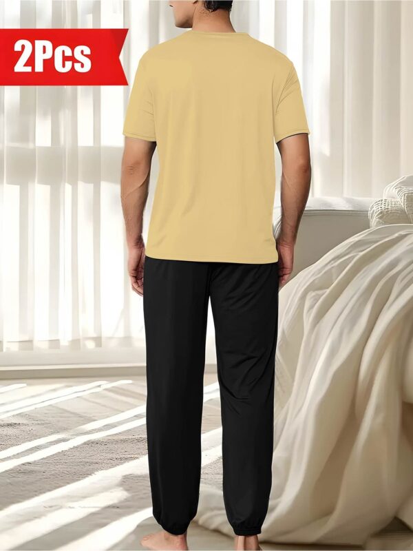 Polyester 100% Casual Men'S Home Sleepwear Pajama Sets, Short Sleeve Crew Neck, Fashion Long Sleep Pants, Relaxed Fit, Slight Stretch, Knit Fabric, with Pocket, for Spring, Summer, Fall - Image 8