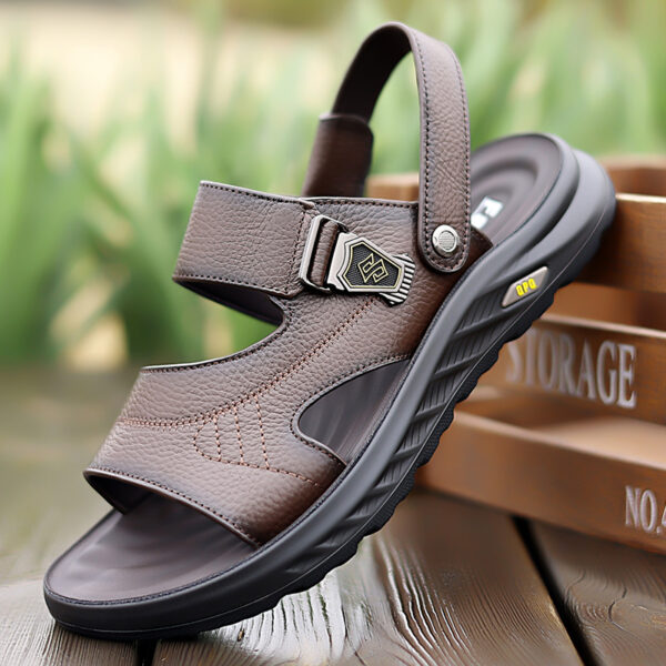 Men's Breathable Top-Grain Leather Casual Sandals with Non-Slip PU Outsole & Comfortable PU Lining - Slip-On Design for Daily Wear & Outdoor Sports