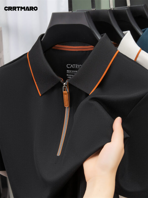CRRTMARO Men'S Summer Casual Short Sleeve Polo Shirt - White with Brown Trim, Button-Up Collar, Loose Fit, Lightweight & Breathable for Casual Attire, Breathable Fabric, Stylish Button Details - Image 2