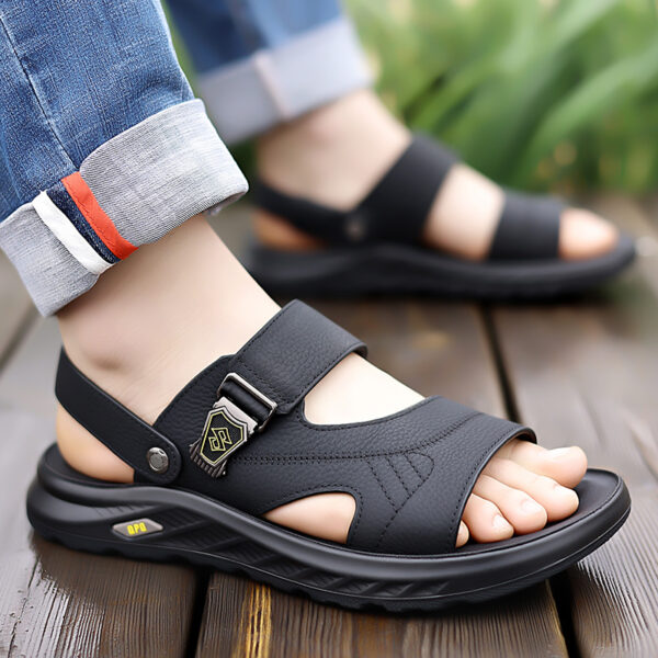 Men's Breathable Top-Grain Leather Casual Sandals with Non-Slip PU Outsole & Comfortable PU Lining - Slip-On Design for Daily Wear & Outdoor Sports - Image 11