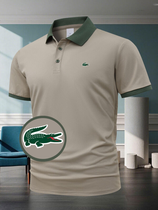 Men'S Casual Athletic Short Sleeve Polo Shirt with Crocodile Print - Red with Beige Collar, Button-Up, Summer Sportswear for Golf, Tennis, Gym, Running Training, Athletic Wear | Casual Style | Stretchy Fabric - Image 2