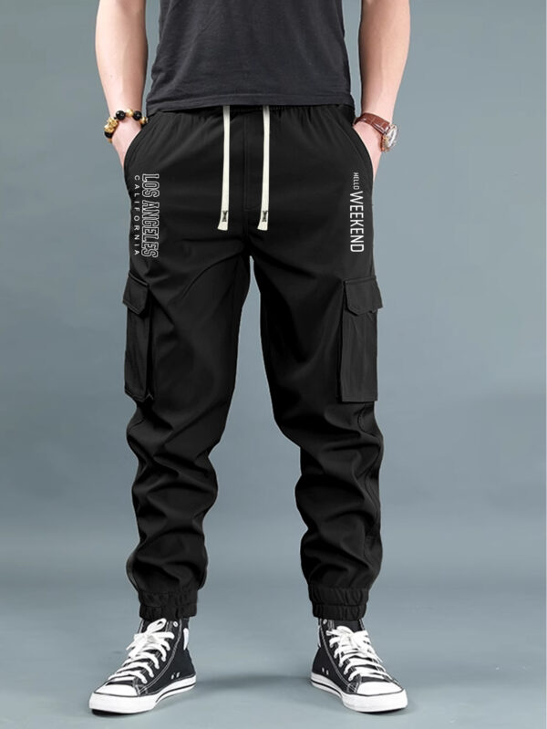 Men'S Casual Cargo Pants with "WEEKEND" Print - Loose Fit, Multiple Flap Pockets, Drawstring Waist, Geometric Pattern, All-Season Comfort, Casual Attire|Geometric Print Pants|Adjustable Waistband - Image 2