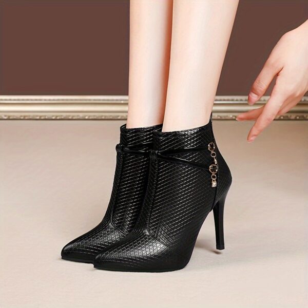 Women's Pointed Toe Stiletto Heel Ankle Boots - Stylish Plaid Design with Crystal Accents, Flannel-Lined Comfort & Durable Rubber Sole - All-Season Versatile for Casual & Formal Wear, High Heel Boots, Formal Footwear, Crystal Embellished Footwear - Image 2