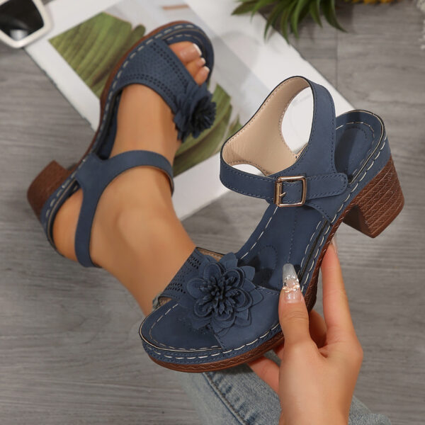 Women's Thick Heel Sandals, Open Toe with Buckle and Thick Sole, Solid Color Artificial Covered Upper, Women's Floral Sandals - Image 3